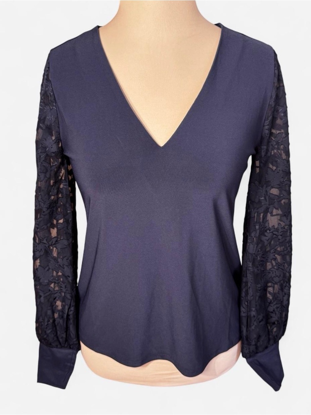 White House Black Market Navy V-Neck Lace Sleeve Blouse
